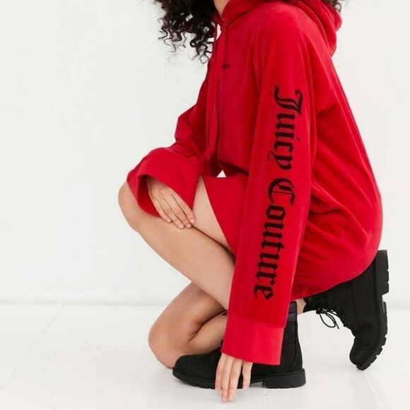Juicy Couture Black Label Crushed Velvet Hoodie Minidress in Bright Red Size S - Picture 1 of 16